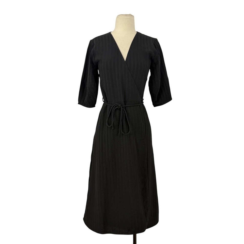 Everlane The City Stripe Wrap Dress Size 00 Black Textured Pockets Casual Office